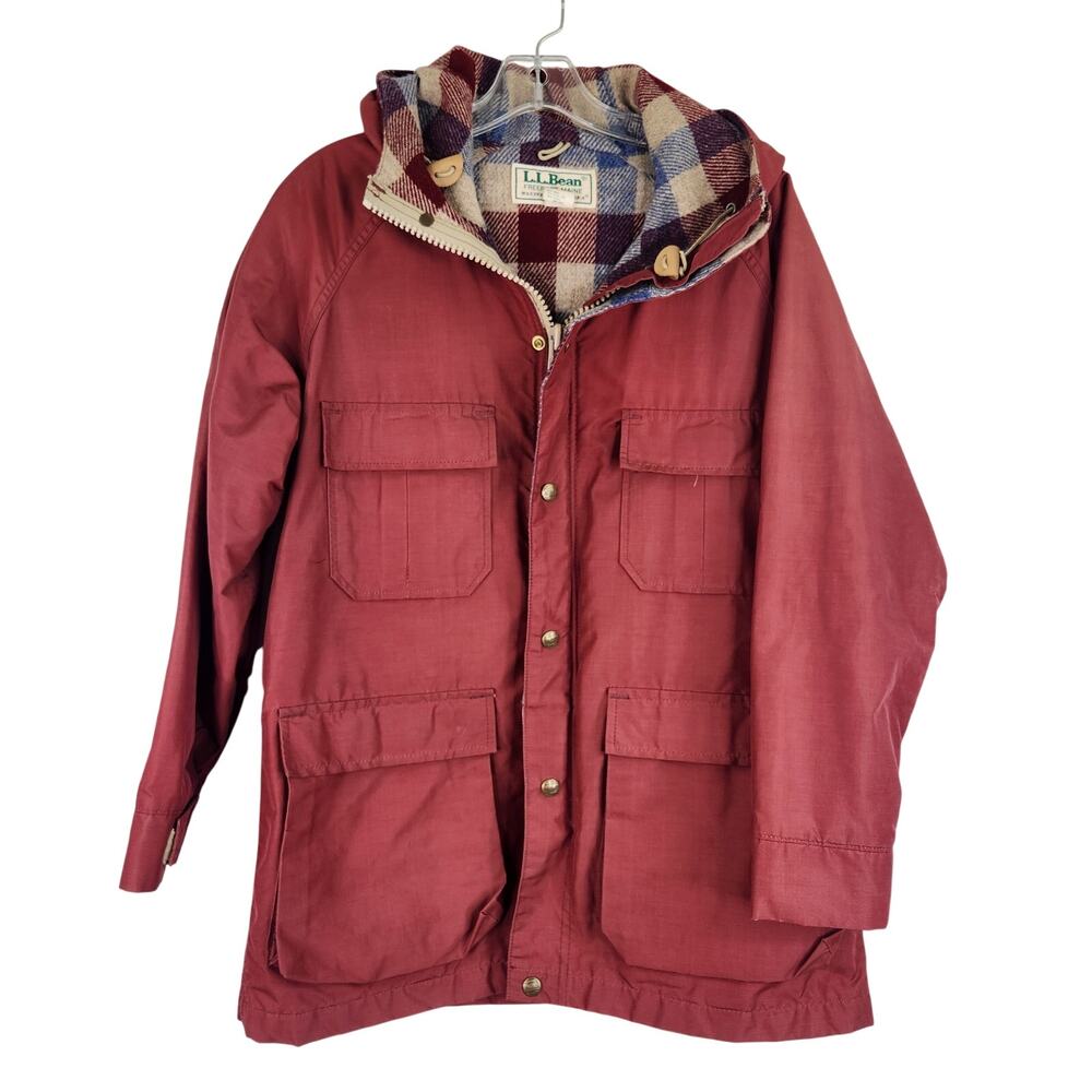 VTG L.L. Bean Baxter State Parka Maroon Beige Plaid Hooded Women's Medium